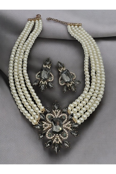 FUYA JEWELLERY Kristal Taşlı İnci Kolye, Küpe Set