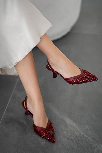 Parponi Saly Sequin Heeled Evening Dress Shoes Burgundy