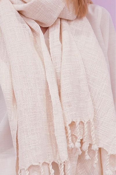 Defne&Apollon İpekçilik 100% Cotton Hand Woven Slub Shawl 65 X 190 cm - Cream