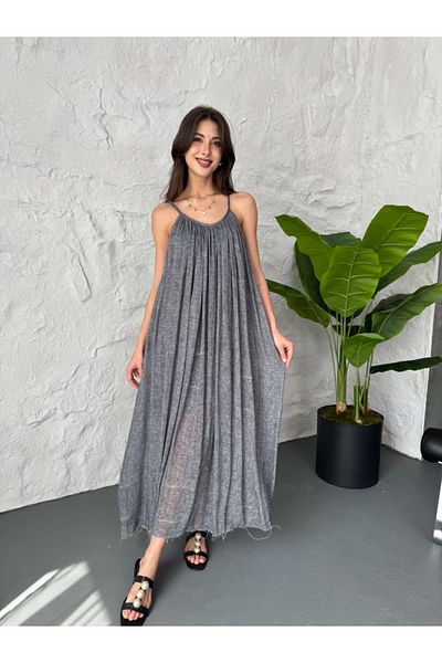 Elif Özbey Butik Φόρεμα από λινό με λουράκι από ανθρακί που πλένεται