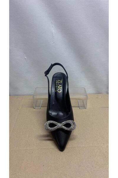 Zlato حذاء نسائي بكعب حجري على شكل فيونكة أسود مفتوح من الخلف وكعب ستيليتو لل...