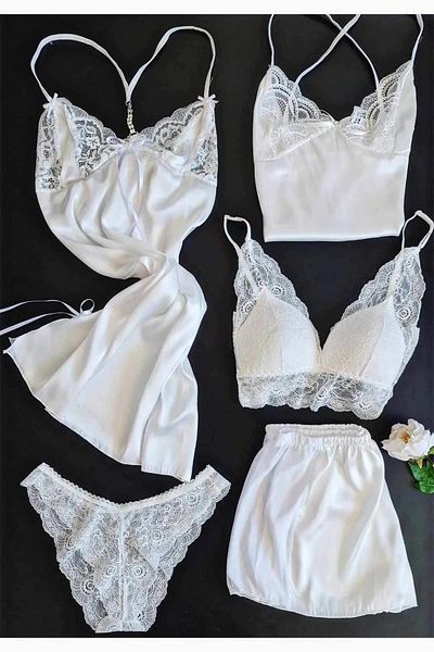cdh çeyize dair herşey Satin 5-Piece Nightgown White Shorts Set 6100