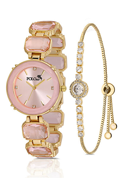 Polo Air Lüx Taşlı Kordon Kadın Kol Saati Zirkon Taşlı Yuvarlak Bileklik Kombin Pembe Gold Renk PL-1533B3