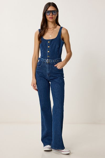 Lovelyİstanbul Denim Jumpsuit with Strap Belt Dark Blue Lvw0001