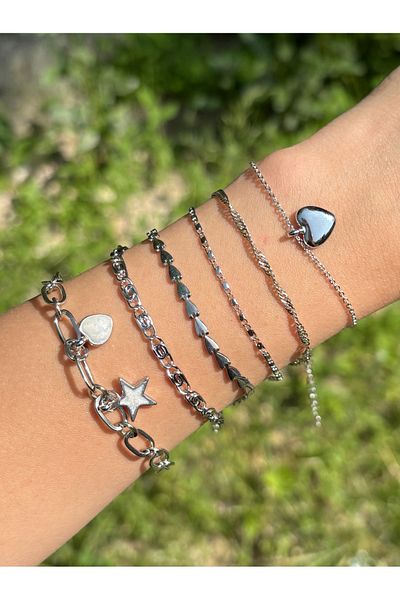 Eylülün Takısı Women's Silver Color Set of 6 Star Heart Chain Bracelets