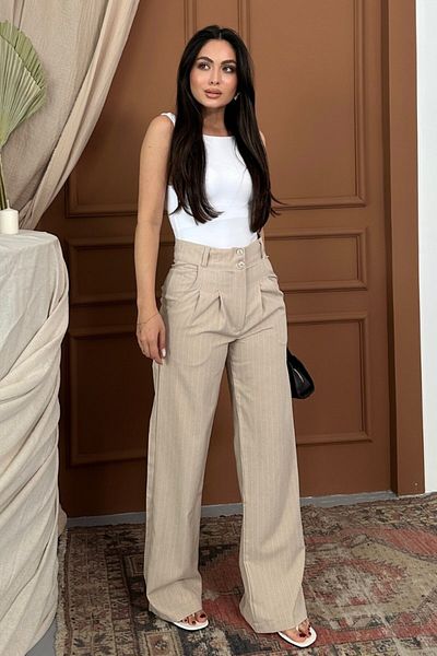spirituel Women's Trousers Palazzo Striped Double Button Detailed Wide Leg Trousers