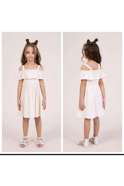 Dmb Girls' Off-The-Shoulder Zipper Closure Lace Embroidery Embroidered Muslin Fabric Woven Dress