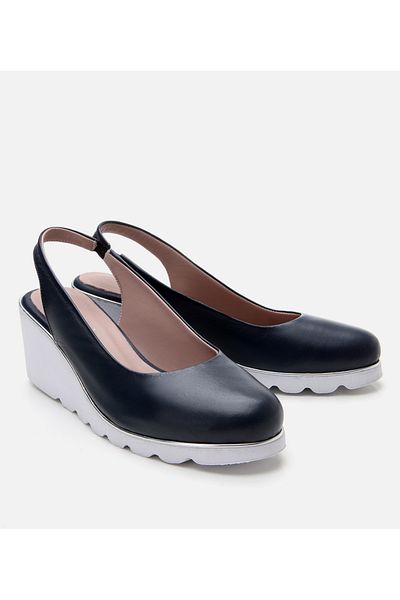 Hotiç Women's Leather Navy Blue Buckle Wedge Heeled Shoes
