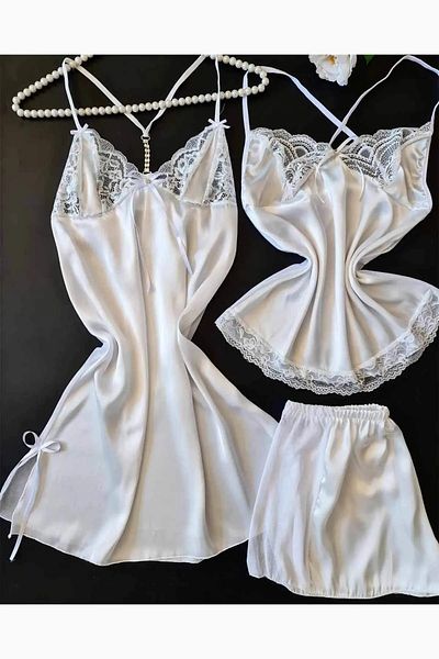 cdh çeyize dair herşey Satin 5-Piece Nightgown White Shorts Set 6100