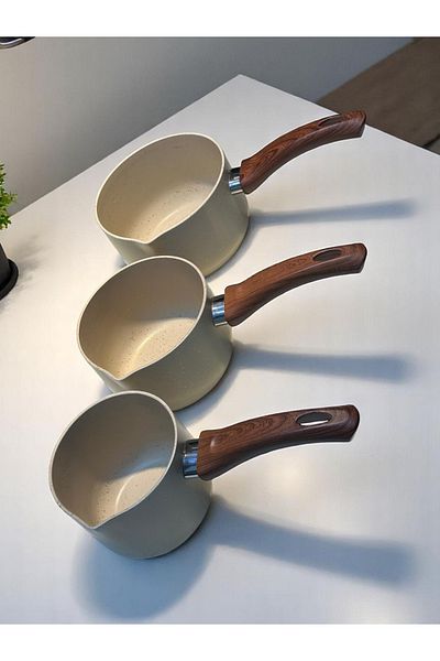 CINCIKCIM ZÜCCACİYE&HEDİYELİK Set of 3 Special Granite Coated Milk Jug and Sauce Bowl Designed in 3 Sizes as a 3-Piece Pot Set 12-14-16 cm