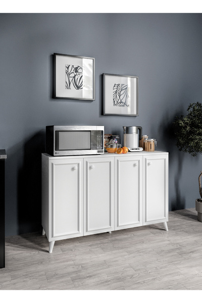 KZNMOB HOME Stella Çok Amaçlı Country Dolap, 4 Kapaklı Country Kiler Mutfak Dolabı Beyaz, Country Konsol
