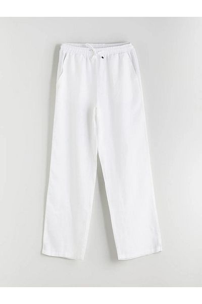 LC Waikiki Xside White Elastic Waist 100% Linen Women's Trousers