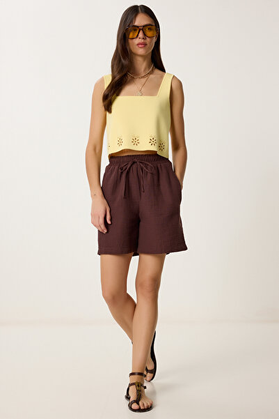 Lovelyİstanbul Muslin Shorts with Pockets Brown Lmx0011