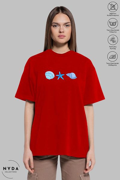 Nyda Collections Women's Crew Neck Sea Themed Printed Cotton Oversize Short Sleeve T-Shirt