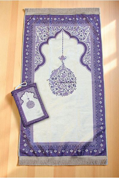 ihvanonline Portable Pouch Mihrap Patterned Silk Textured Velvet Prayer Rug Purple