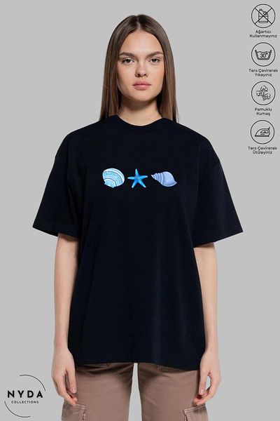 Nyda Collections Women's Crew Neck Sea Themed Printed Cotton Oversize Short Sleeve T-Shirt