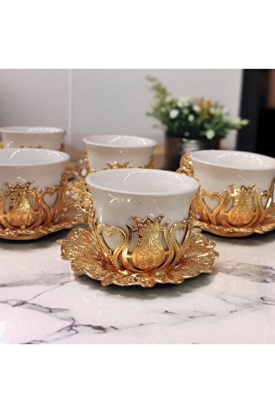 Bakır Center Cup Set for 6 People Gold - White Porcelain Turkish Coffee Cup w...