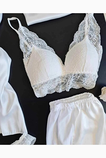 cdh çeyize dair herşey Σετ Σατέν Νυχτικό 5 τεμαχίων με Λευκό Σορτς 6100