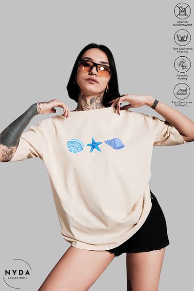 Nyda Collections Women's Crew Neck Sea Themed Printed Cotton Oversize Short Sleeve T-Shirt