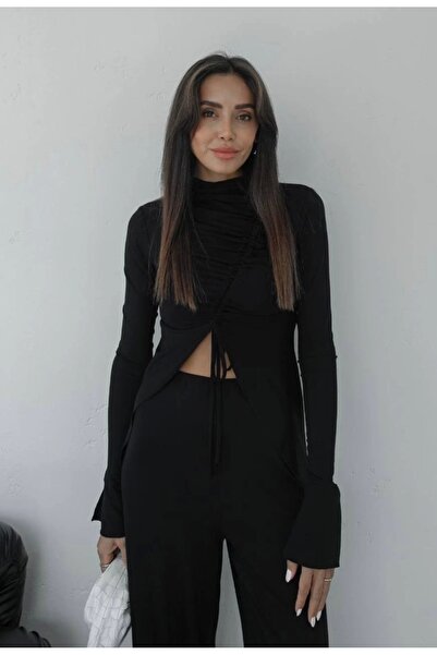Ecenin Favorileri Black Asymmetrical Cut Women's Blouse Trousers Set