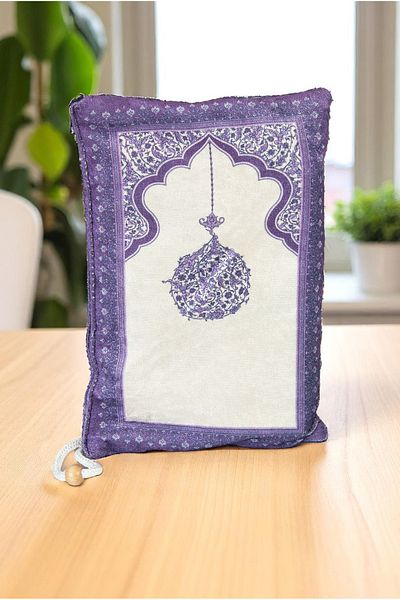 ihvanonline Portable Pouch Mihrap Patterned Silk Textured Velvet Prayer Rug Purple