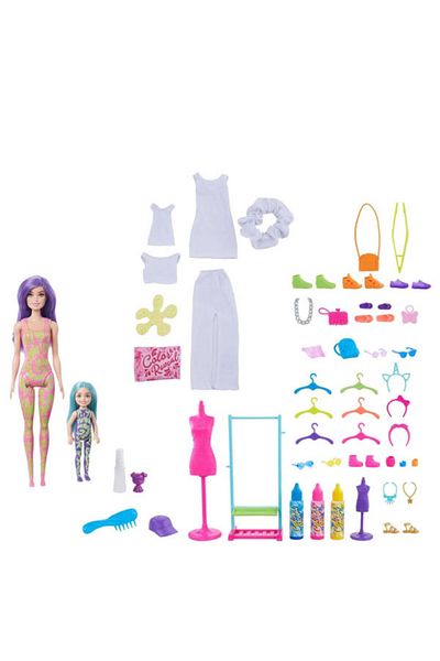 mattel Barbie and Chelsea Dolls, Color Reveal Gift Set, Tie-Dye Fashion Maker with 41 Accessories