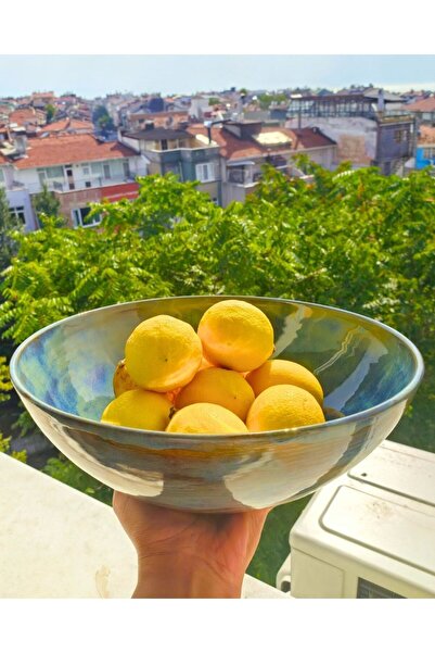 Libra Seramik Mavinin Doğal Tonlarında Tasarlanmış Seramik Kase, Yüksek Isıda Pişmiş, Salata/Meyve Kasesi, 26x9 cm