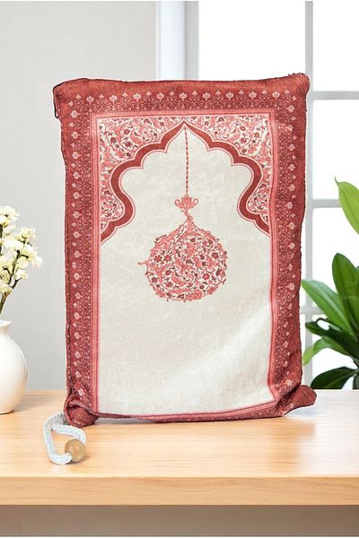 ihvanonline Portable Pouch Mihrap Patterned Silk Textured Velvet Prayer Rug Red