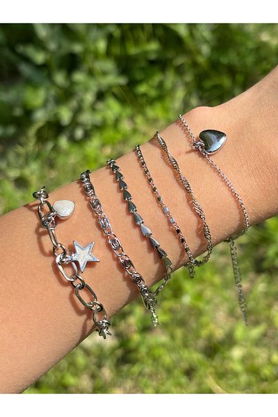 Eylülün Takısı Women's Silver Color Set of 6 Star Heart Chain Bracelets