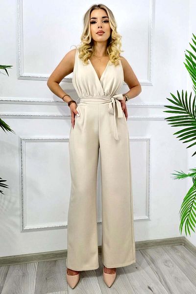 FashionForYou YLINA elegant long jumpsuit, with semi-cut back and drawstring, Cream, Size S/M