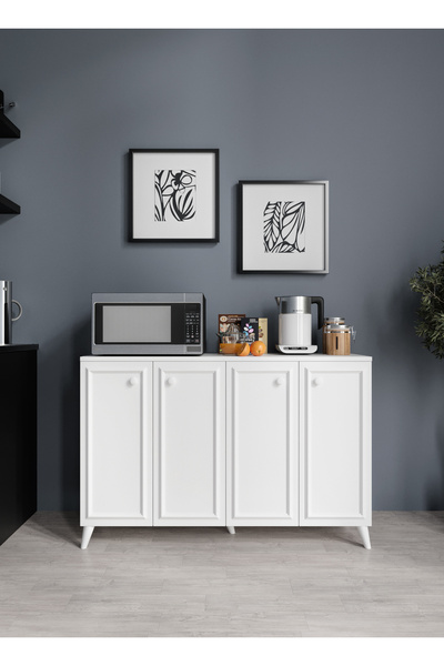 KZNMOB HOME Stella Çok Amaçlı Country Dolap, 4 Kapaklı Country Kiler Mutfak Dolabı Beyaz, Country Konsol