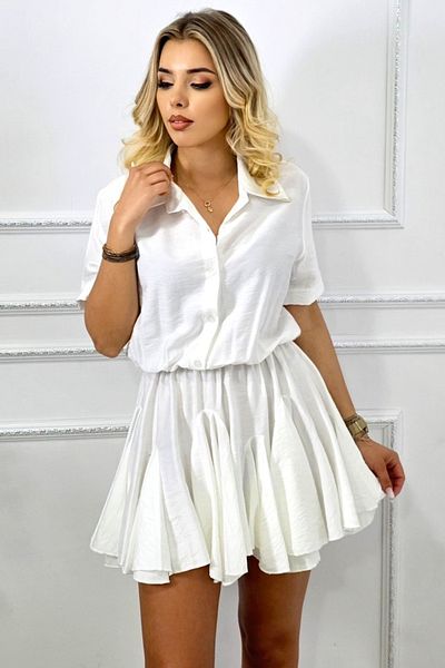 FashionForYou Rochie scurtă, casual, cu volane și revere, model bujor, ALBĂ, mărimea S/M