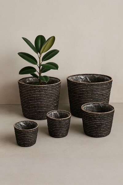 oceanpoint Doğal Hasır Görünümlü Siyah Saksı Seti, İçi Naylon Kaplı 5'li Sepe...