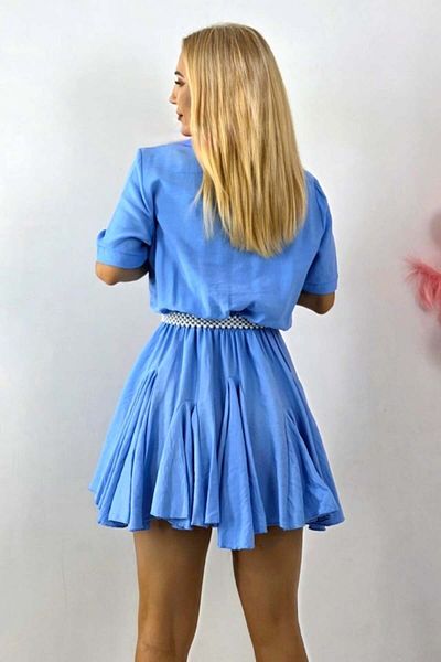 FashionForYou Peony Pearl ruffled dress, shirt style with belt included, Blue, Size S/M