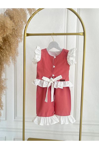 Hobidik Girls' Brick Cotton Poplin Button Bow Tie-Up Bottom Top Set