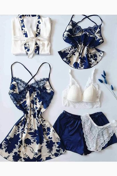 cdh çeyize dair herşey Set cutie de șat din satin de mătase, 6 piese, albastru bleumarin, 6021