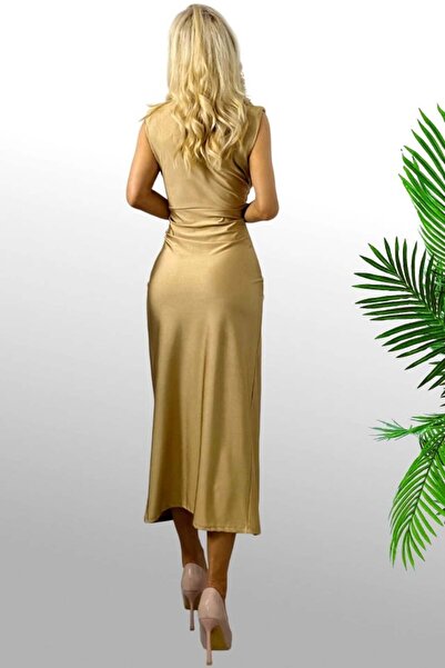 FashionForYou Σατέν φόρεμα Ilaria, μακριά γραμμή και άνοιγμα στο πόδι, Χρυσό