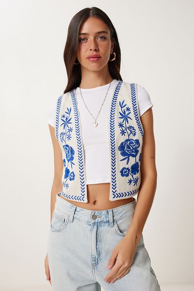 Lovelyİstanbul Flower Embroidered Linen Vest Stone Blue Ldj0001