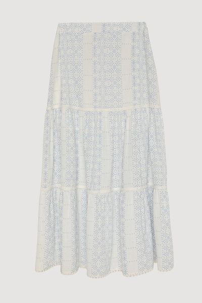 Quzu Patterned Flounced Midi Length Skirt Ecru