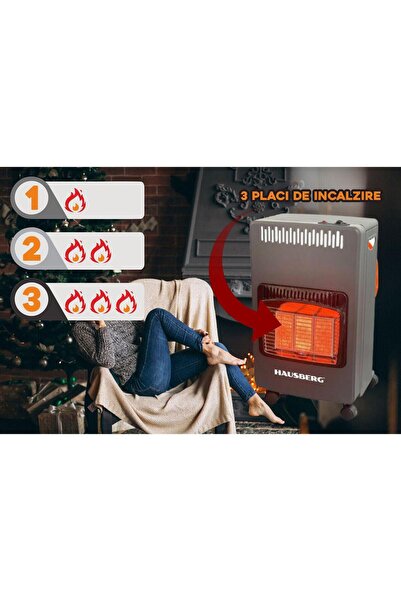 Hausberg Soba pe gaz GPL HB-1021NG, piezo-electrica, 3 placi de incalzire ceramic putere totala 4.2kW, Negru