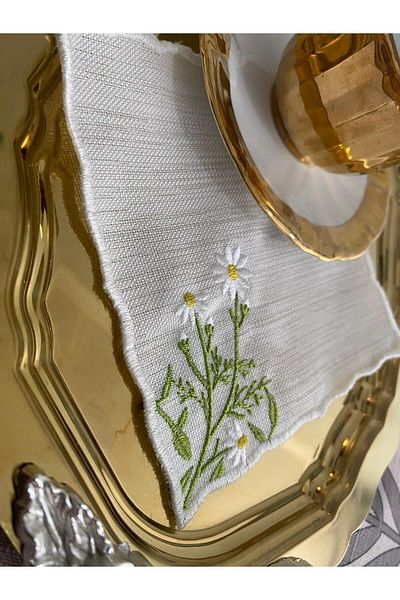 CekModa Stain-Resistant, Washable. Gardenia Fabric 6 Luxury Presentation Napkins with Embroidery - Request Promise Coffee Coaster
