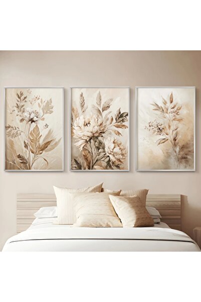 KOLAJTASARIM Krem Çiçek Detaylı Gümüş Metal Çerçeveli Cam Tablo /S