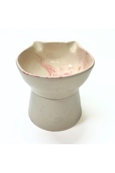 Pawstar High Ceramic Food and Water Bowl with Cat Figure – 400 ml – Pink Pattern