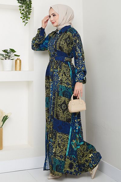 InStyle Mixed Bohemian Pattern Blue Viscose Dress
