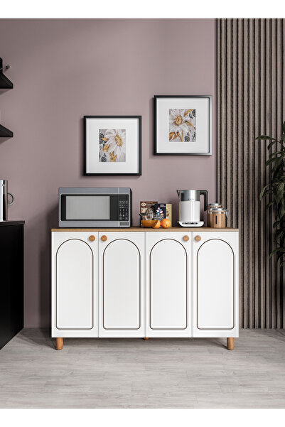 KZNMOB HOME Stella Çok Amaçlı Bohem Dolap Ceviz-Beyaz, 4 Kapaklı Bohem Kiler Mutfak Dolabı Beyaz, Bohem Konsol