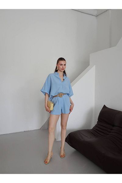 Gameyal Women's Comfortable Fit Straw Belt Double Pocket Modal Fabric Shorts Shirt Set