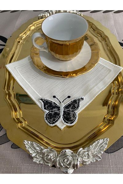 CekModa Stain-Resistant, Washable. Gardenia Fabric 6 Luxury Presentation Napkins with Embroidery - Request Promise Coffee Coaster