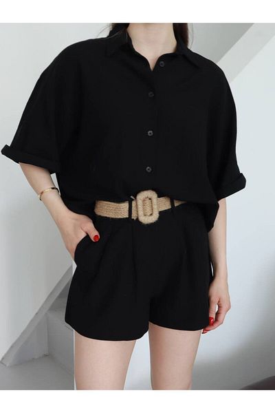 Gameyal Women's Comfortable Fit Straw Belt Double Pocket Modal Fabric Shorts Shirt Set