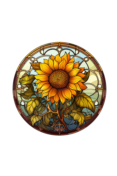 INOVATIX Set de 8 piese, Autocolant rotund cu vitraliu, floarea-soarelui cu frunze, INOVATIX®. 6 cm