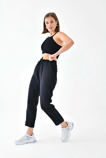 solena sln Women's New Season Linen Elastic Waist Tied Pocket Carrot Cut Trousers